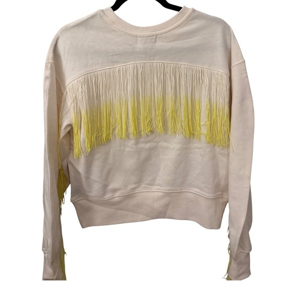 525 Womens XS Cream Sweatshirt Yellow Fringe Crew Neck Long Sleeve - Picture 3 of 7